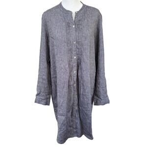 J. Jill Linen Shirt Dress Sz M Blue Tunic Button Front Pintuck Roll-tab Sleeve